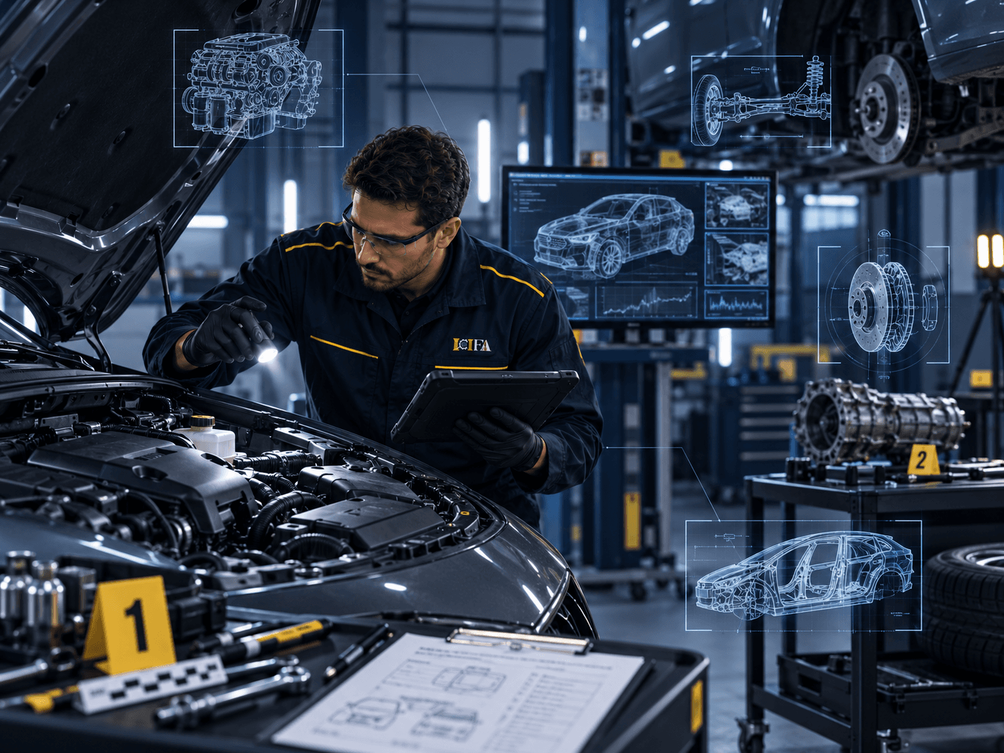 Profesional de ICIFA realizando análisis técnico pericial de un vehículo.