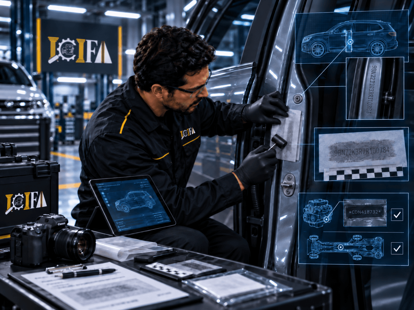 Profesional de ICIFA realizando toma de improntas de identificación vehicular.