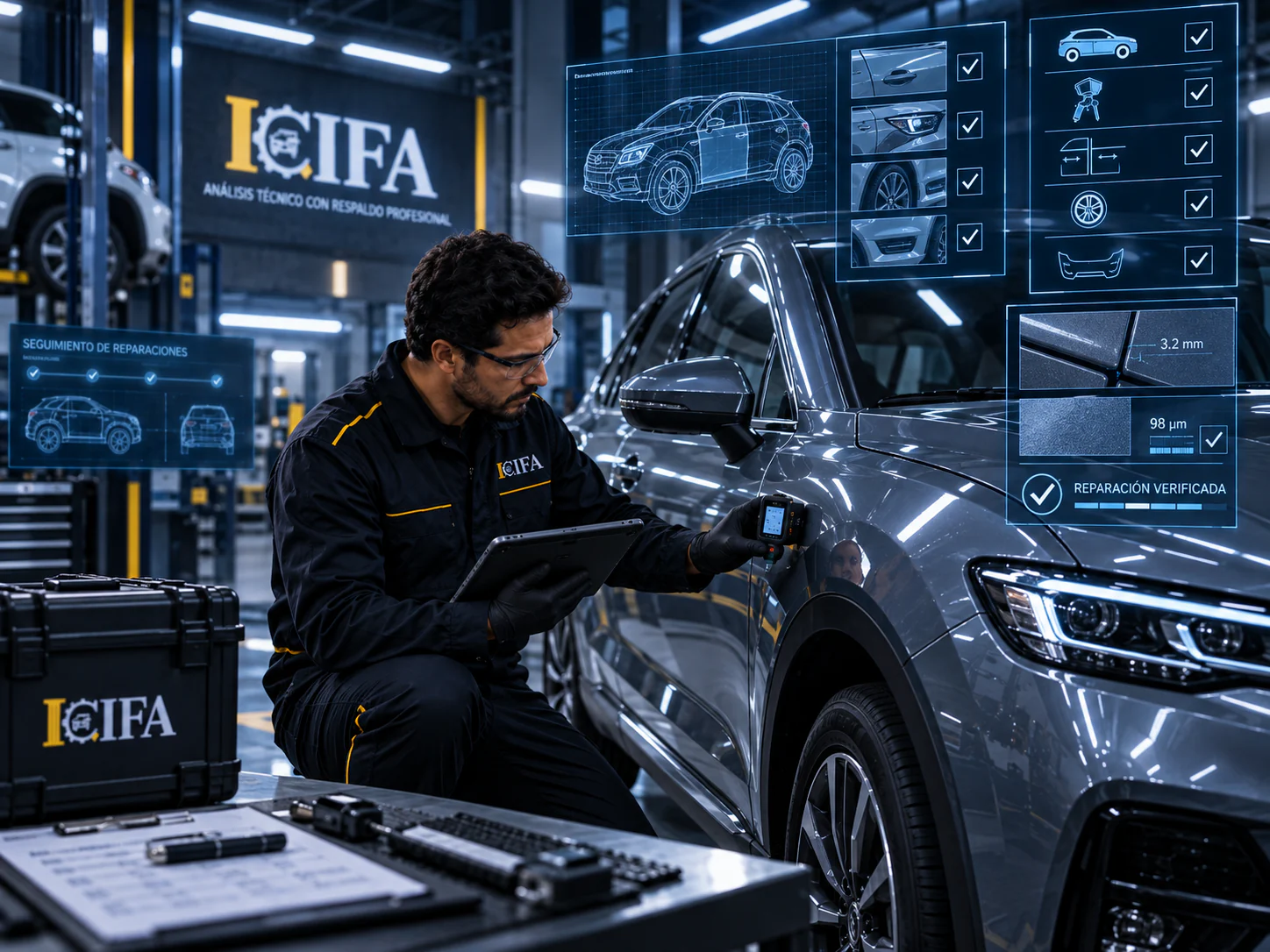 Profesional de ICIFA verificando técnicamente una reparación automotriz.